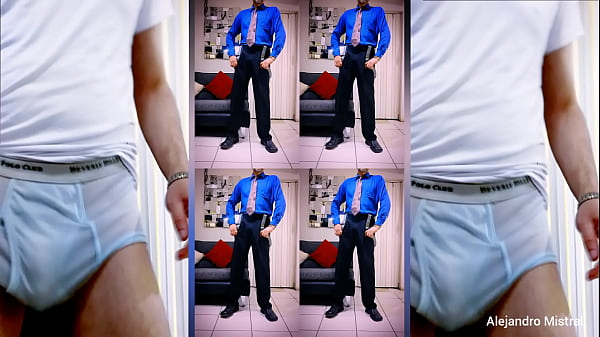 Homme mûr en costume danse et à la fin il sort sa bite